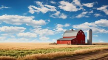 American Rural Landscape With Red Barn And Blue Sky