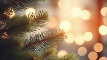 Christmas Tree Branch With Note Against Blurred Lights Text Space Holiday Melodies