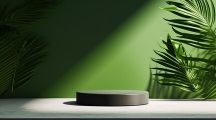 Poster - 3D rendering of a minimalist wooden podium with a palm leaf shadow on a green concrete wall background