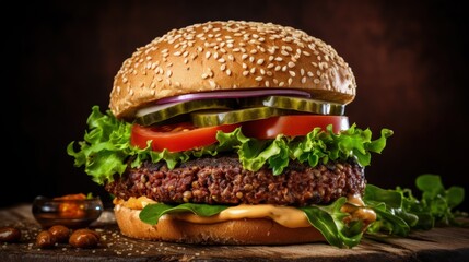 Leinwandbilder - Delicious vegan lentil burger on rustic background