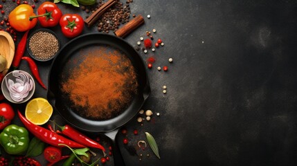 Leinwandbilder - Ingredients needed empty cast iron skillet pepper and spices Food theme with space for text