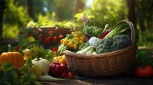 Assorted Organic Vegetables In A Garden Wicker Basket