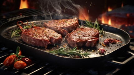 Fototapete - Chef grilling seasoned steak wrapped in bacon