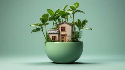 Wall Mural - House shaped pot containing a green plant