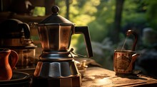 Morning Soft Focus Camping Coffee With Antique Moka Pot On Gas Stove