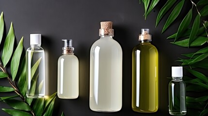 Poster - Glass bottled spa products featuring natural organic and bio skincare concept