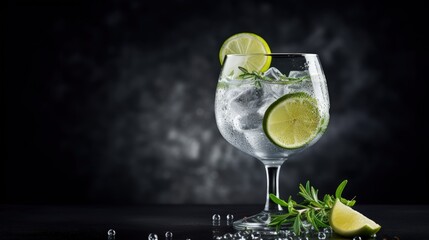 Fototapete - Classic gin tonic cocktail with dry gin tonic lime ice bar tools on a gray table with space for text