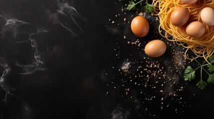 Homemade egg noodles on black stone background top view