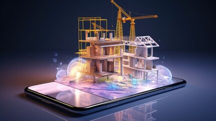 AR website poster or landing page design with isometric view of construction building home and hospital resembling a mobile app in a smartphone