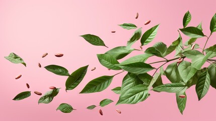 Leinwandbilder - Fresh green coffee leaves falling isolated on pink background