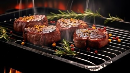 Fototapete - Chef grilling seasoned steak wrapped in bacon