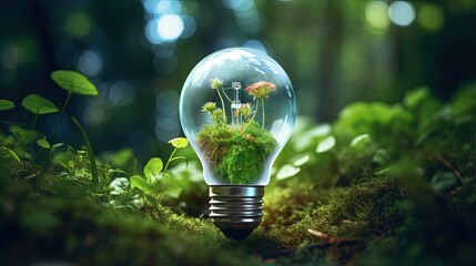 Wall Mural - Green nature illuminated by a bright light bulb portrays an eco idea