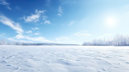 Poster - Bright snowy winter landscape with empty field space for display against a light blue icy sky