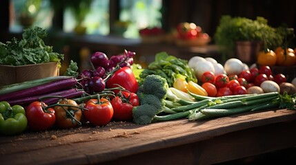 Wall Mural - Organic vegetables and fruits displayed on a rustic wooden table.