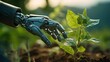 A robot arm planting a tree in a green field.