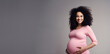 banner pregnant black woman in pink dress holds hands on belly , Pregnancy, maternity, preparation and expectation, copyspace for text, generative ai.