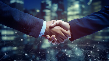 Business handshake with digital network lines over a city backdrop, symbolizing partnerships in the tech age