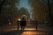 Person seated on park bench amid rainy weather, depicted through 3D rendering. Generative AI