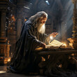 An old shrewd arcane scribe reading a scroll in a library
