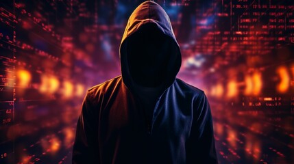 Computer hacker in hoodie with data technology background, internet fraud and cyber security concept