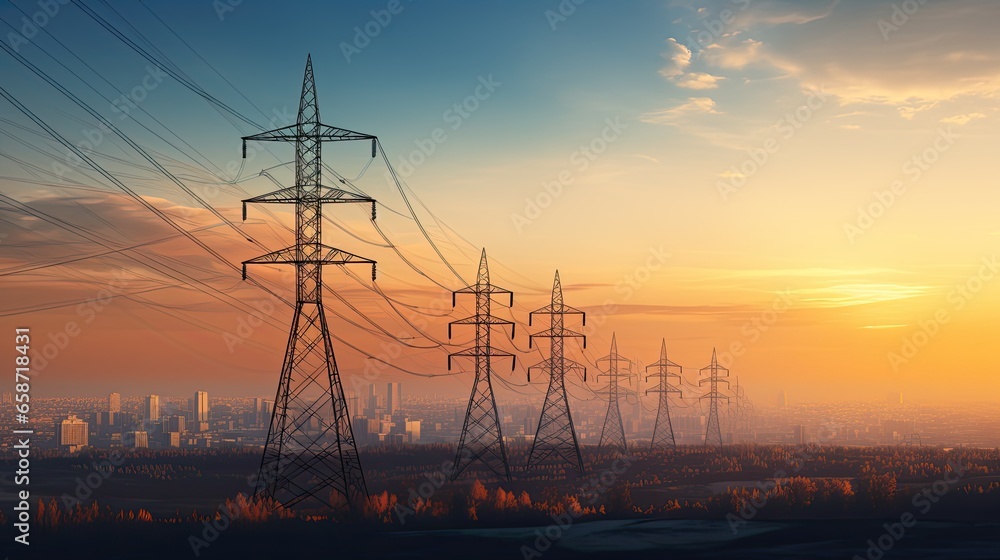 Silhouette of High voltage electric tower on sunset time background ...