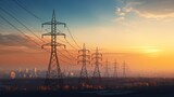 Silhouette of High voltage electric tower on sunset time background