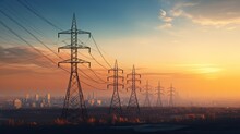 Silhouette Of High Voltage Electric Tower On Sunset Time Background