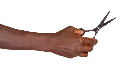 Hand holding scissors isolated on transparent or white background	