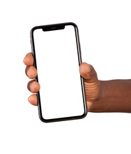 Hand Holding Smart Phone With Blank Screen Isolated On Transparent Or White Background