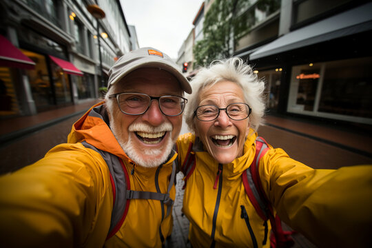 Selfie shot of smiling senior couple taking selfie on mobile, smartphone while traveling in street or calling their friends, relatives in yellow rain coats. Elderly healthy life concept