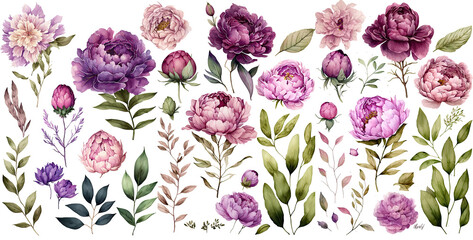 Wall Mural - Set of peonies watercolor collection of hand drawn, peonies purple pastel color, peonies elegant watercolor illustration , peonies isolated transparent background, PNG