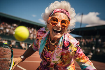 Wall Mural - Excited happy charming stylish senior middle aged old lady, woman holding tennis racket, a ball, playing tennis. Active games, healthy activities for any ages, active life concept. 