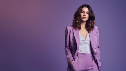 Wall Mural - A young brunette woman in violet clothing stands against a solid violet background. Studio. Isolated violet background.
