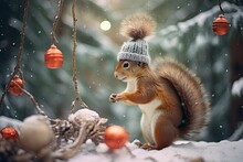 Squirrel With Snowy Forest With New Year's Toys