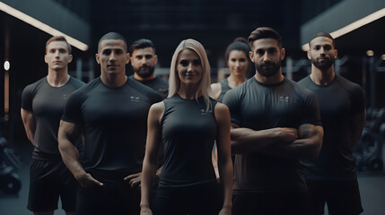 Group of athletic men and women stand together in the background of a gym