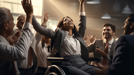 Wall Mural - Diverse business people, teamwork colleagues having, social inclusion with disabled person friends talk,happy businesswoman in wheelchair going through reports while working female.