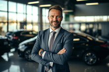 Successful luxury automobile business concept. Smiling friendly car seller dressed in suit standing in car salon showroom showing around cars. Salesman with hands crossed look into camera