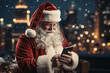 classic santa claus uses a cell phone, interacts with the screen