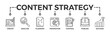 Content strategy banner web with icon of create, analyze, planning, promotion, control, publish and success