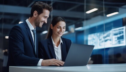 A young man and a woman in business suits are looking at a laptop. Using computer, netbook in modern office. Copy space.