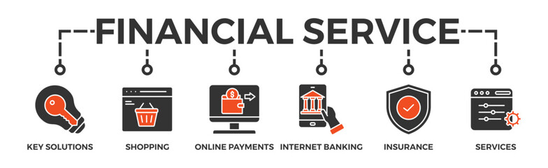 Poster - Financial service banner web icon vector illustration concept with icon of key solutions, shopping, online payments, internet banking, insurance and services