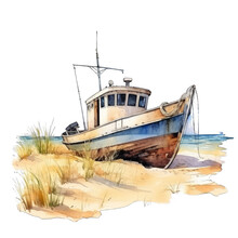 Shipwreck Of An Old Fishing Boat, Aground On A Beach. Watercolor Illustration, Isolated On Transparent
