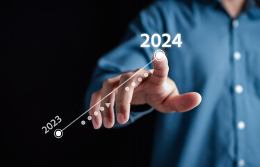 Aufkleber - Growth up of Happy new year resolution planning and challenge strategy business with arrow up in New year 2024 with chart graph and countdown merry christmas and happy new year concept.