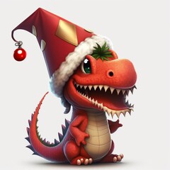 Kawaii cute dragon in Santa hat at Christmas