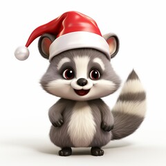 Kawaii cute raccoon in Santa hat at Christmas