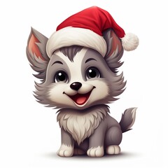 Kawaii cute wolf in Santa hat at Christmas