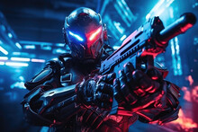  In A Futuristic World, A Cybernetic Soldier, Equipped With High-tech Helmet And Weapon, Stands Ready For Action Under The Blue Neon Glow, Blending Science Fiction And Warfare