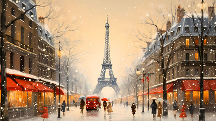 Wall Mural - Illustration of the city of Paris at Christmas, France