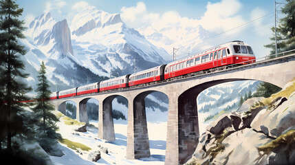 Wall Mural - Illustration of Glacier express in the Alps, Switzerland