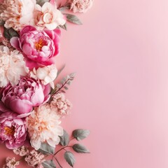 Beautiful Peonies, roses on pink background with copy space. Generative AI image weber.